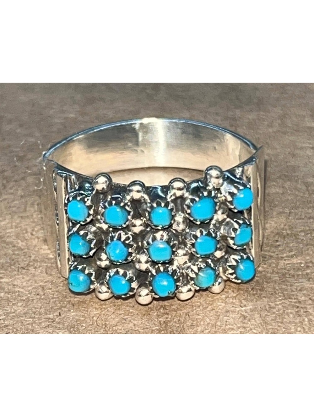 Zuni cluster sterling silver turquoise snake eye 3 row ring ring size 9 -Stephan